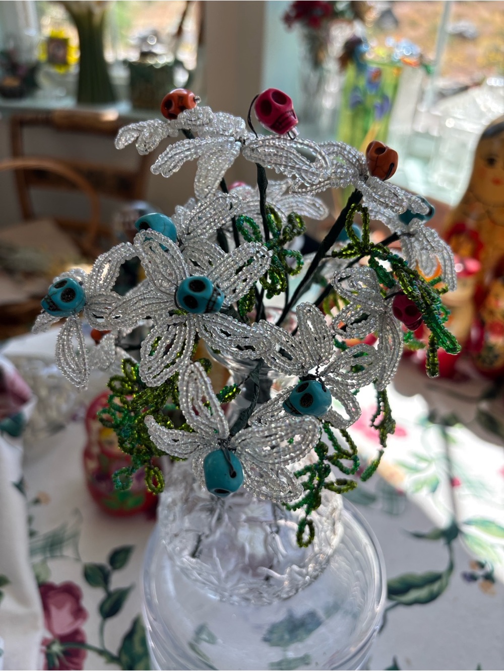 Beaded White Flower Bouquet Turquoise Pink Sugar Skull Centers Day of the Dead